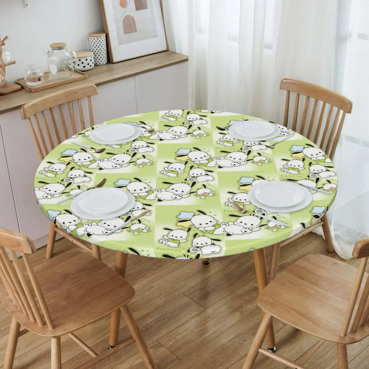 Custom Round Waterproof Oil-Proof Pochacco Sanrio Cartoon Tablecloth Backed Elastic Edge Table Cover 45