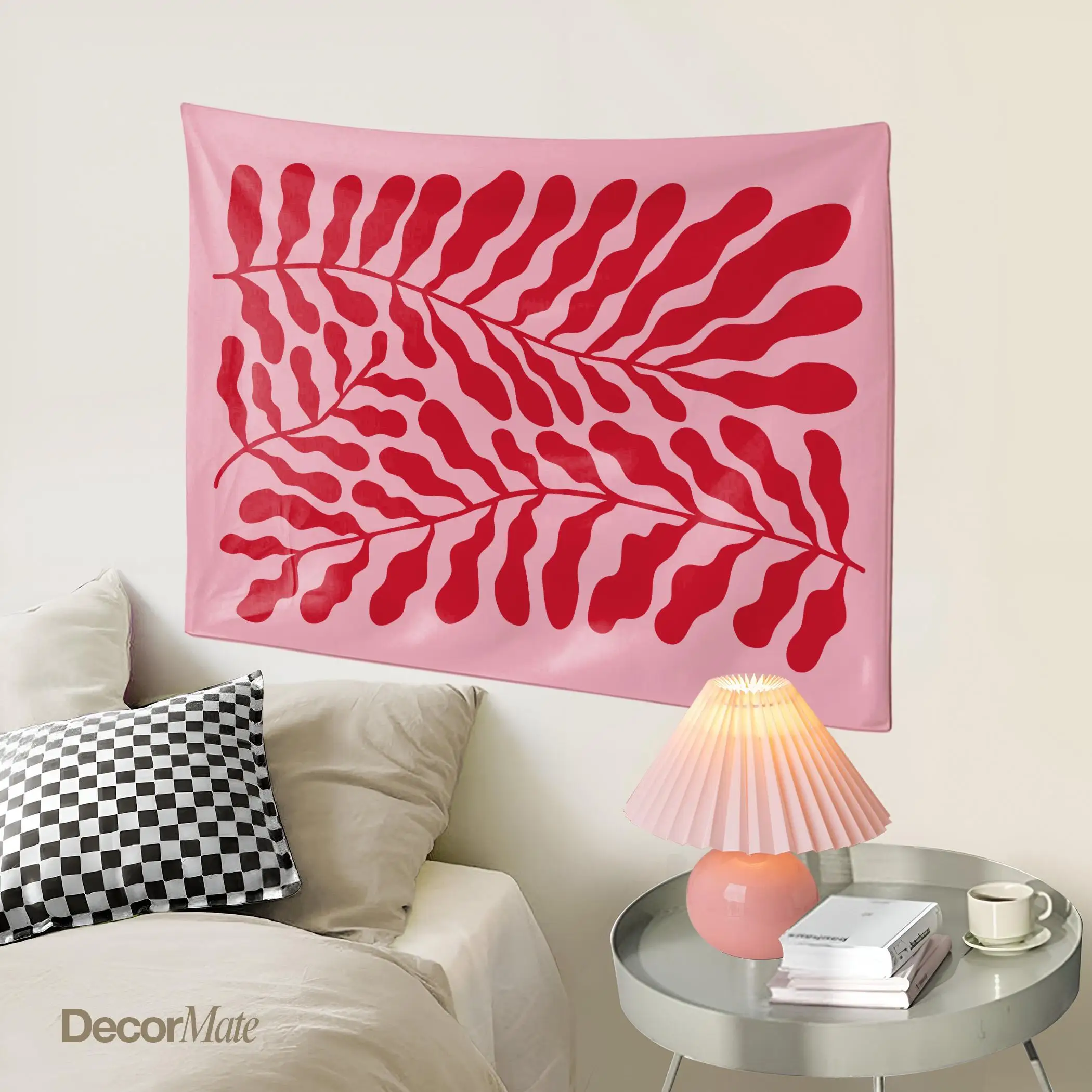Wandteppich im Matisse-Stil, rosa und rote Pflanze, Wandbehang, moderne abstrakte Hipster-Kunst, Schlafsaal, große, einfache Stoff-Wanddekoration