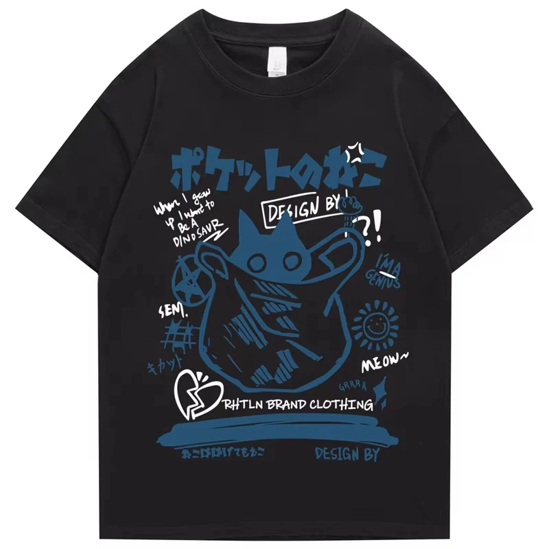 الهيب هوب تي شيرت الرجال الشارع الشهير اليابانية كانجي مضحك القط مطبوعة تي شيرت 2023 الرجال Harajuku القطن عادية كم قصير التي شيرت بلايز #2