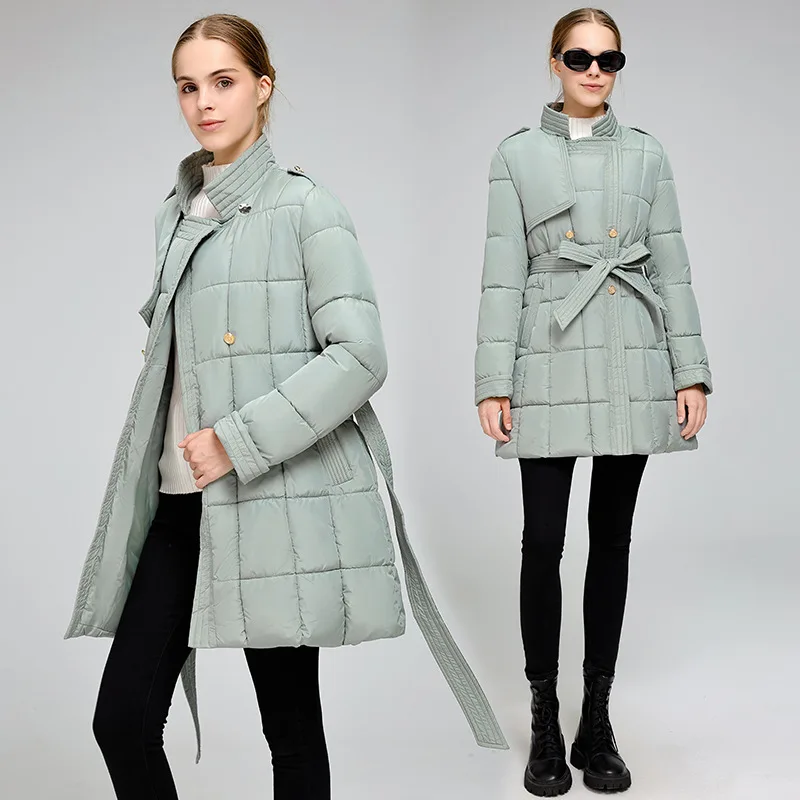 Women's Mid-Length Stand Collar Cotton Padded Coat Belted Slim Commuter Jacket Winter Thick