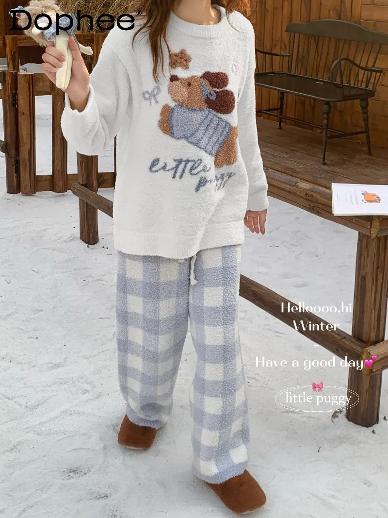 

Autumn Winter New Japanese Style Ins Warm Thickened Round Neck Pajamas Cute Cartoon Loose Casual Homewear Wearable Outside Women