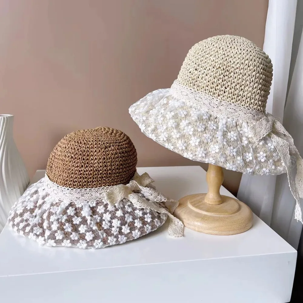 

Fashion Breathable Flower Sun Hat Anti UV Elegant Woman's Straw Hat Sweet Large Brim Lace Bowknot Sunshade Cap Travel