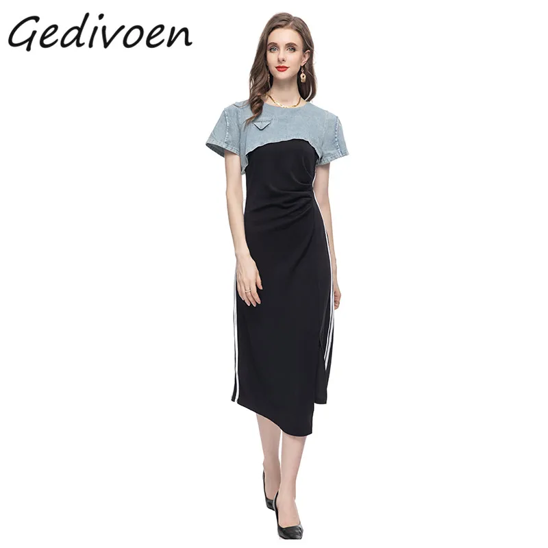 

Gedivoen Summer Fashion Runway Vintage Asymmetry Dress Women's O-Neck Hit Color Splicing Elastic Waist Slit A-Line Midi Dress