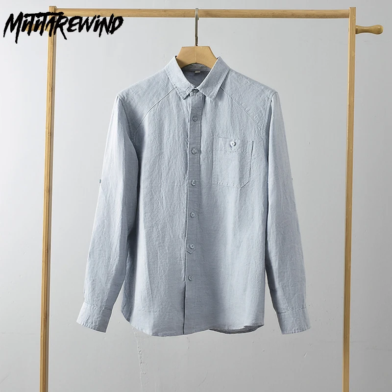 

Summer Long Sleeve Pure Linen Shirt Men Breathable Beach Male Top Daily Casual Loose Shirts Lapel Plain Shirt with Pocket Simple