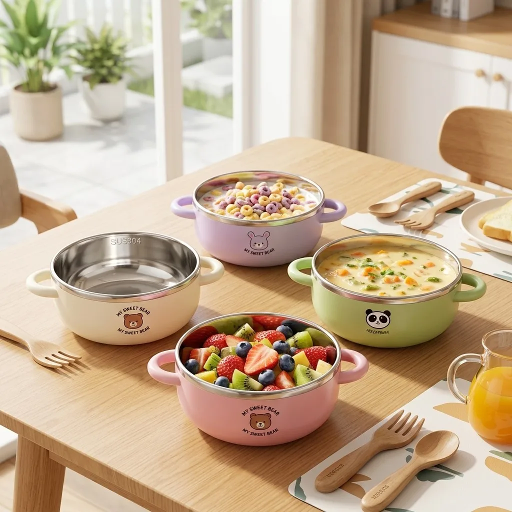Kids Cute Cartoon 304 Stainless Steel Handle Bowl Double Wall Soup Ramen Cereal Rice Snack Bowls Dishwasher Safe Tableware