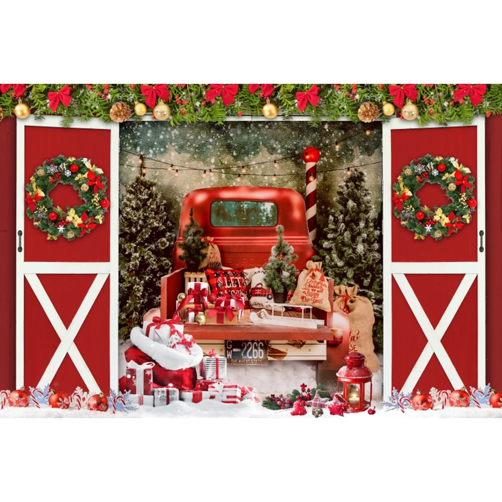 Christmas Backdrop Red Wooden Door Xmas Tree Forest Gifts Fireplace Wreath Christmas Kids Family Portrait Photography Background