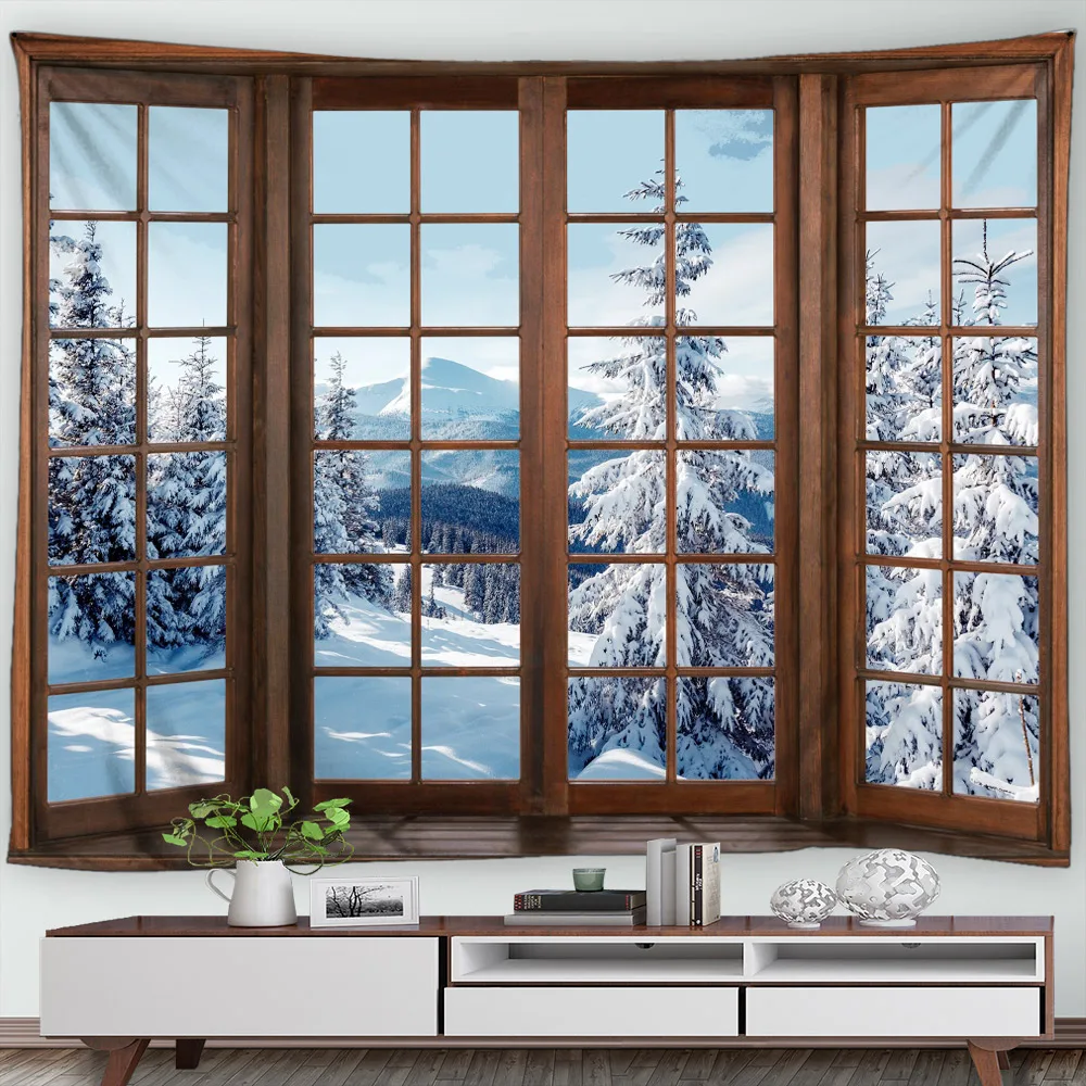 

Winter Forest Snow Scenery Tapestry Brown Window Outside Nature Landscape Living Room Xmas Home Decor Wall Hanging Screen Cloth
