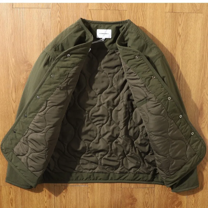 2026 Japanese Retro Collarless Padded Cotton Jacket Men's Tooling V-neck Snap-button Cotton Jacket Men's men clothing jackets