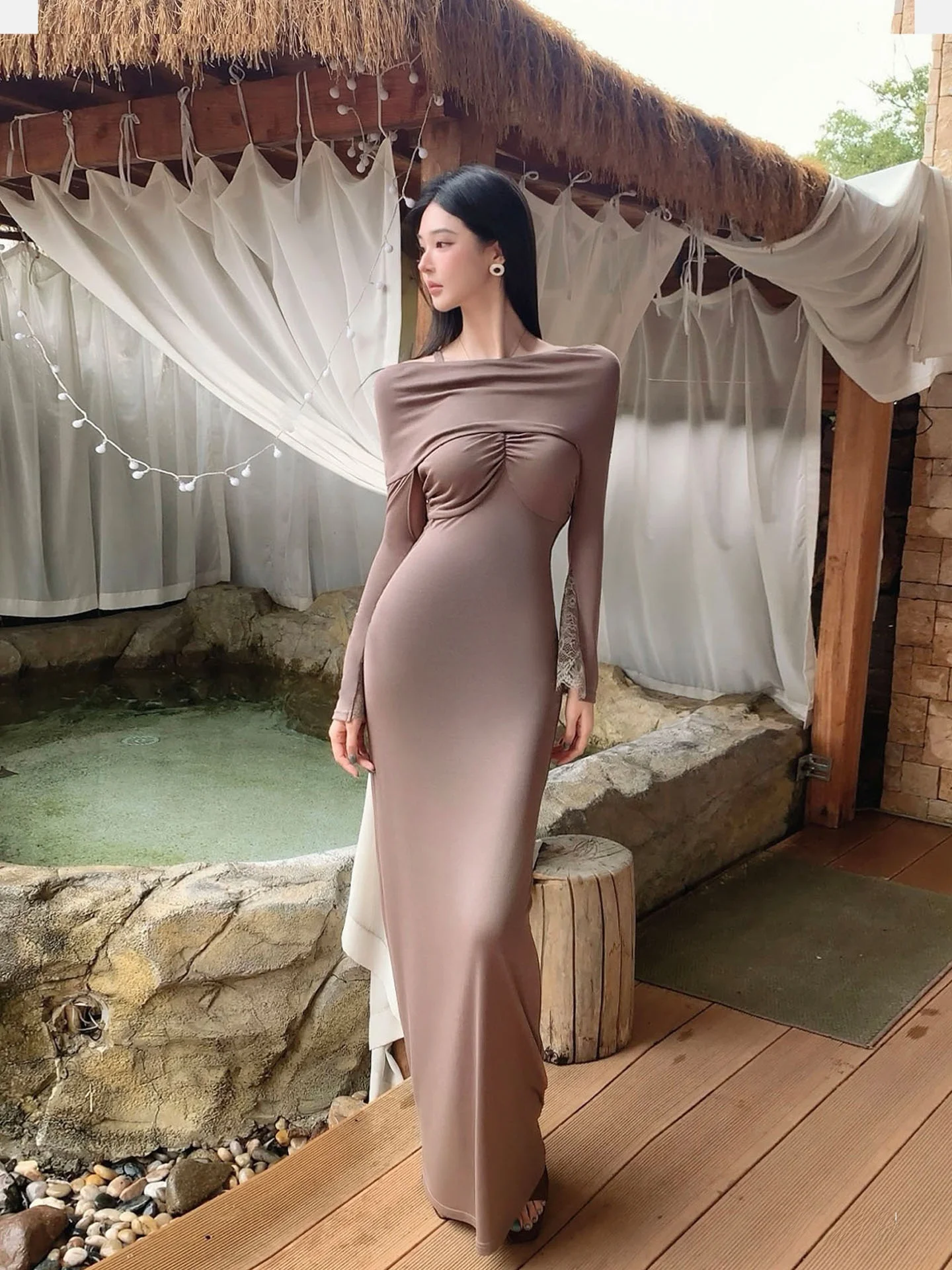 

Элегантный комплект ALIN: платье с рюшами на одно плечо и накидка, коллекция весна, женская мода