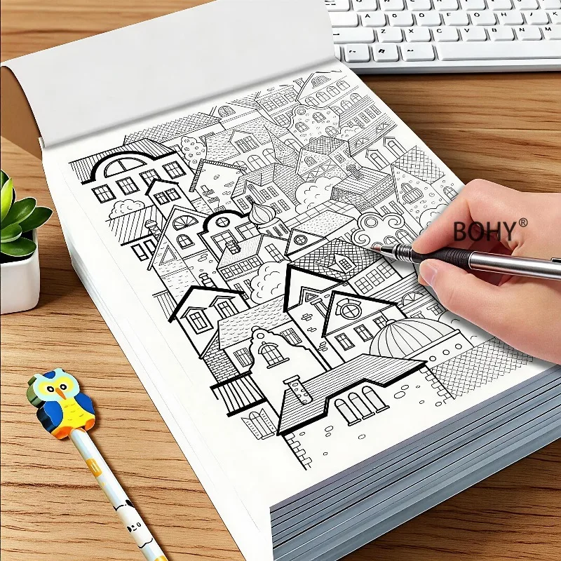 A Stress Relieving Graffiti Book for Adults, Include Line Themes Such As Plant/ European Town Architecture/retro Wave Sailboats