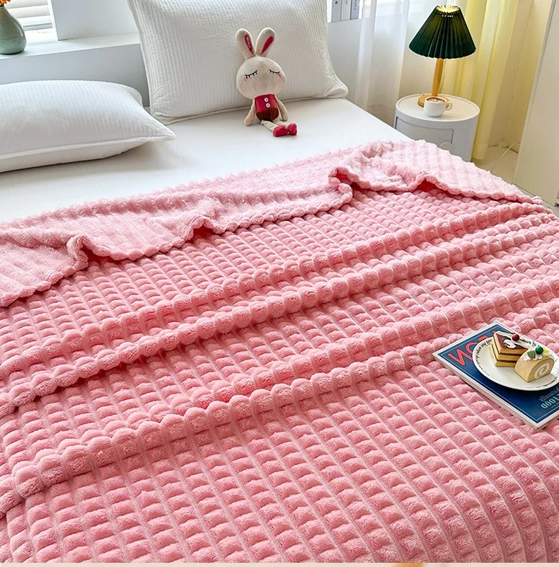 New Simple 3D Plaid Blanket Autumn Winter Soft Warm Multi-functional Sofa Blankets Cozy Durable Artificial Rabbit Plush Blanket