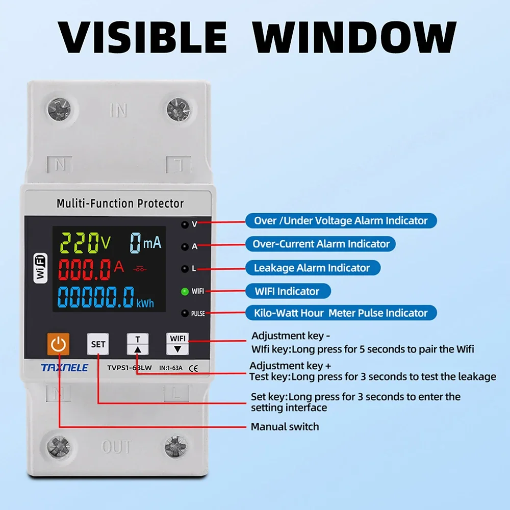 WIFI Smart Switch TUYA Energy Meter Kwh Metering 63A Circuit Breaker Timer with voltage current and leakage protection