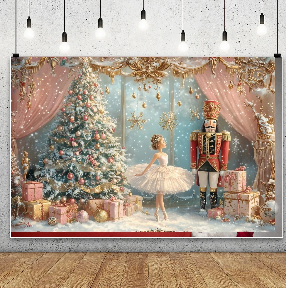 Christmas Ballerina Backdrop Pink Curtains Ornate Decor Soldier Xmas Tree Gift Snowy Festive Personal Portrait Photo Backgrounds