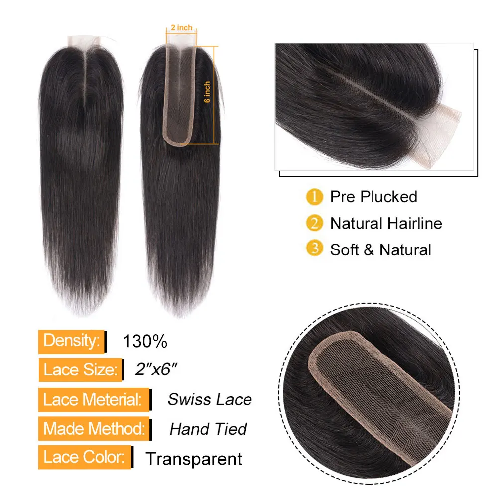 2x6 Closure Human Hair Straight Hair 12-26 inch  2x6 Human Hair Lace Closure  Kim Lace Closure Human Hair Extensionsfor Women