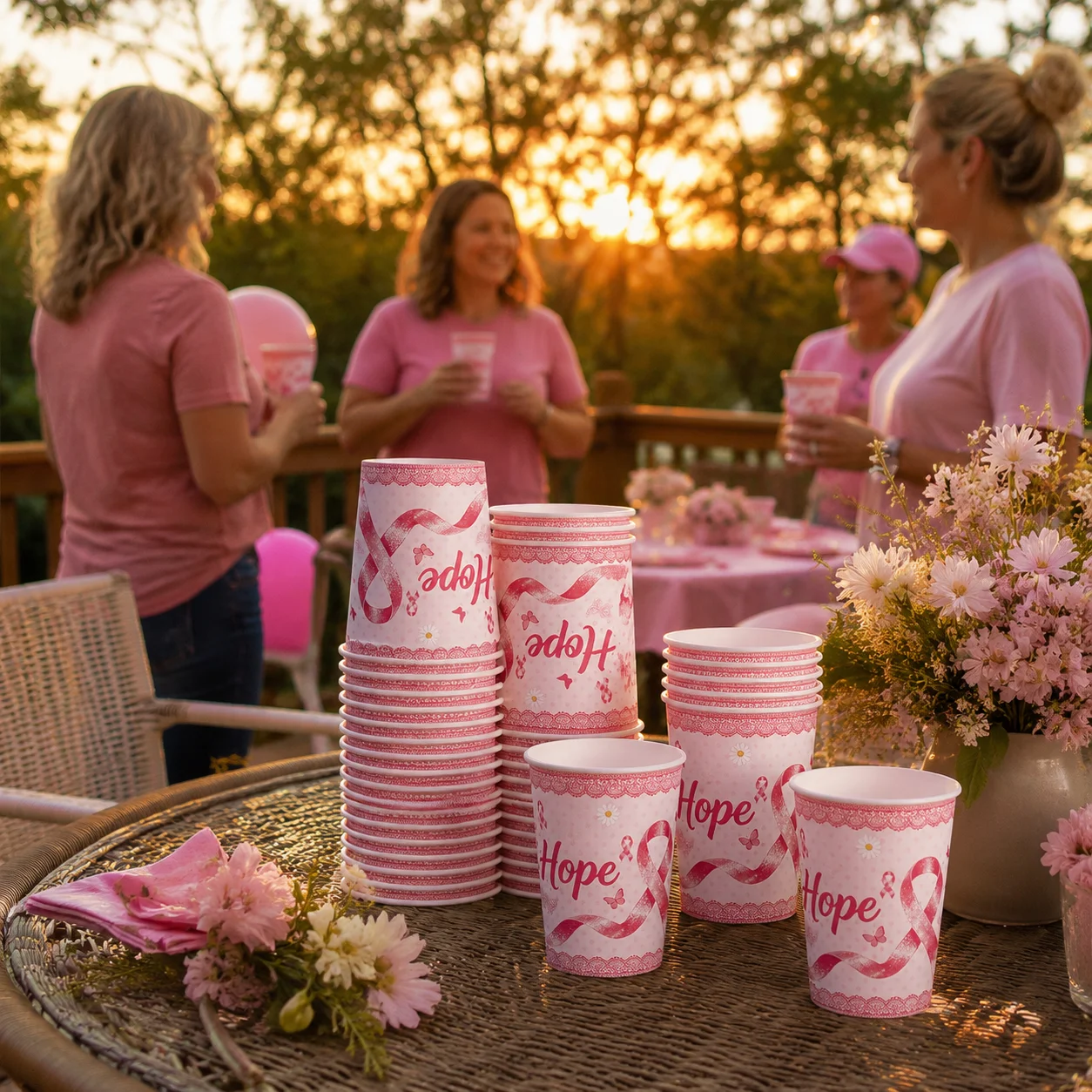 Gobelets en papier rose « Ruban de l'espoir » pour la sensibilisation au cancer du sein – Gobelets jetables avec motifs dentelle rose, marguerite et papillon pour café et boissons