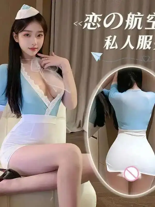 Flight Attendant Cosplay Short Sleeve T Shirts Mini Dress Sweet V Neck Uniform Sexy Pure Desire Dress Elegant Thin Sheer D0GT