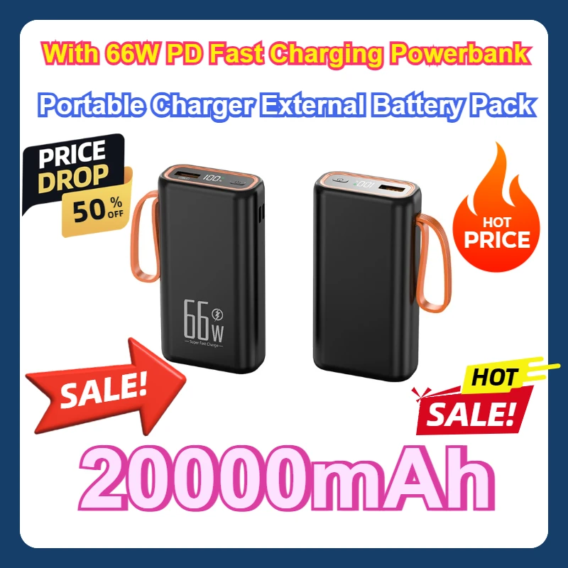 

For IPhone 13 Huawei Xiaomi OPPO Power Bank 20000mAh With 66W PD Fast Charging Powerbank Portable Charger External Battery Pack