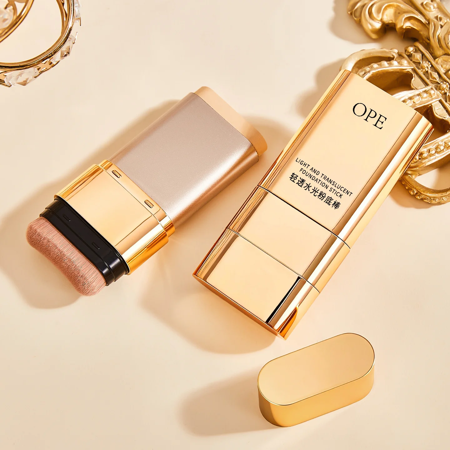 OPE 2-in-1 Concealer Foundation Stick - Slim Portable with Brush, Lightweight Buildable Coverage, Natural Dewy Finish