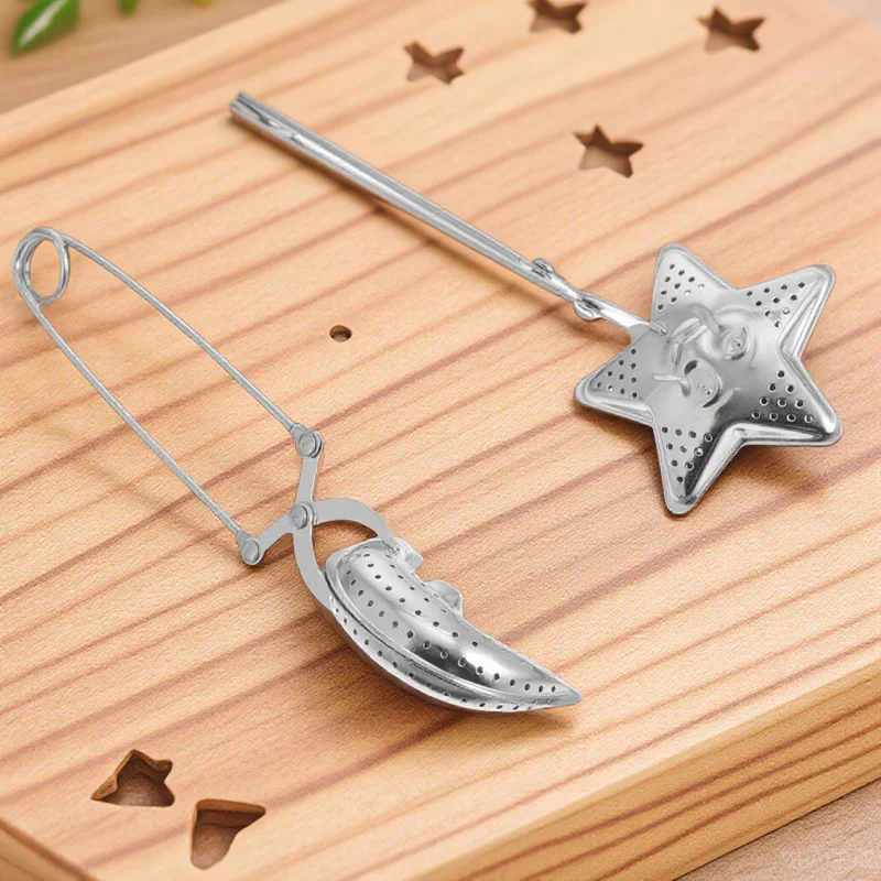 

2pcs Tea Strainer Stainless Steel Long Grip Moon Star Shaped Filter For Loose Leaf Herbal Teas Home Office Kitchen Bar Use