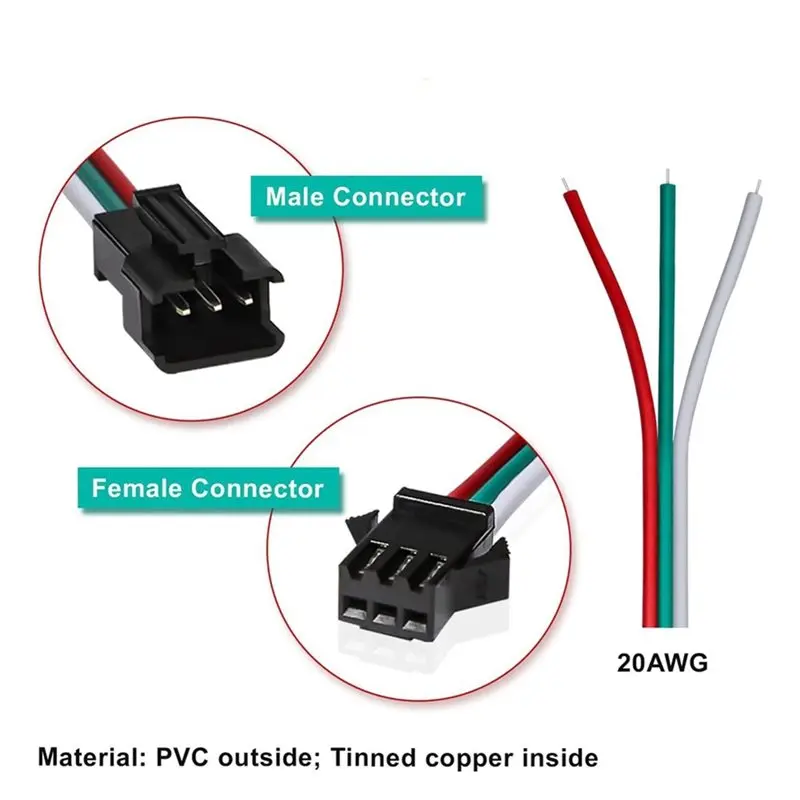 ABDJ-JST SM 3-Pin Connectors 30 Pair- Male/Female For WS2812B/WS2811/WS2812/WS2814/SK6812 LED Strip Wiring- 15Cm 22AWG Wires