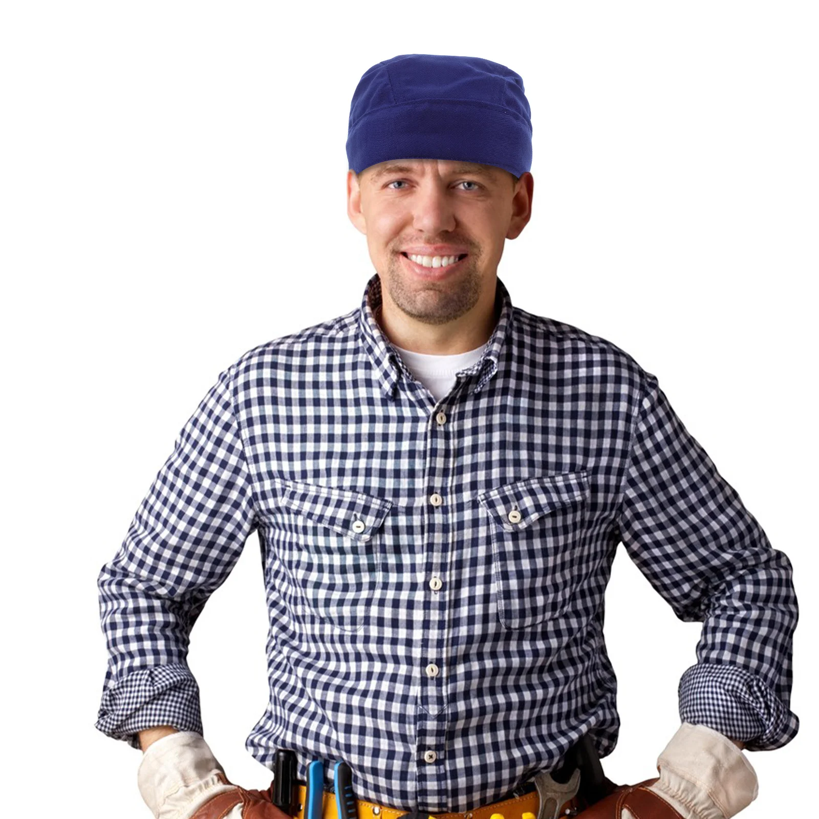 Boné de soldador de algodão azul, engrossado, retardador de chama, ajustável, à prova de poeira, chapéu protetor de cabeça, respirável, segurança, bandana, roupa de trabalho