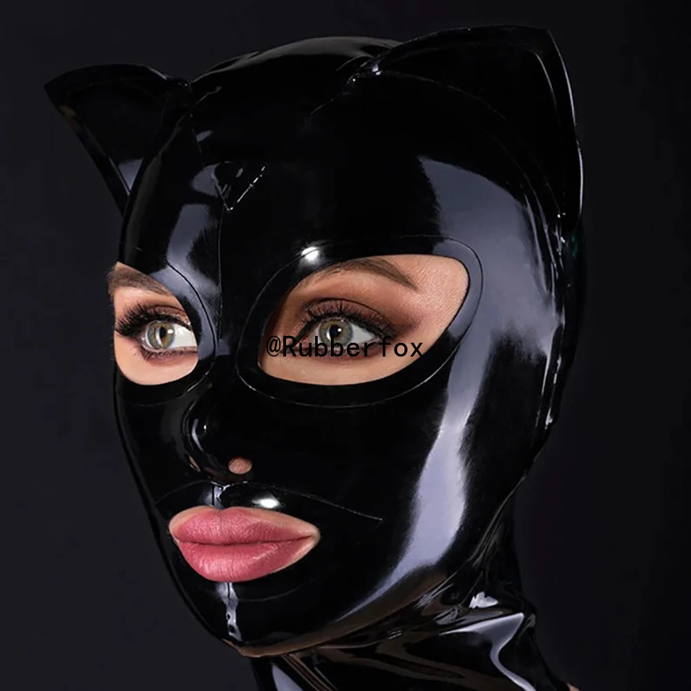 

Customized Black Latex Hood with Cat Ears Back Zipper Open Eyes Mouth Rubber Mask Cosplay Club Wear Costume