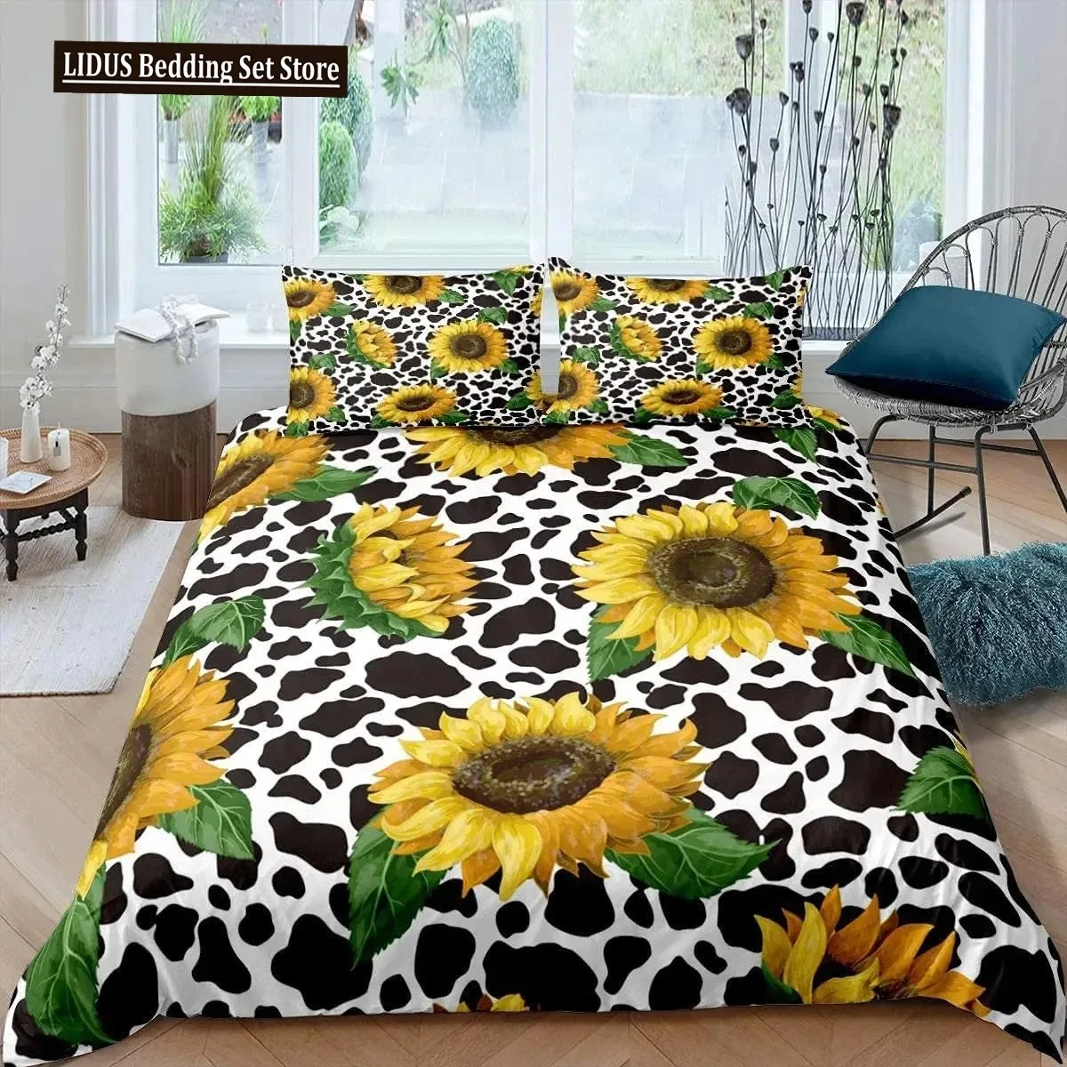 

Sunflower Duvet Cover Set Queen Set Milk Cow Comforter Cover Black White Abstract Bedding Set Plant Leaf Polyester Quilt Cover