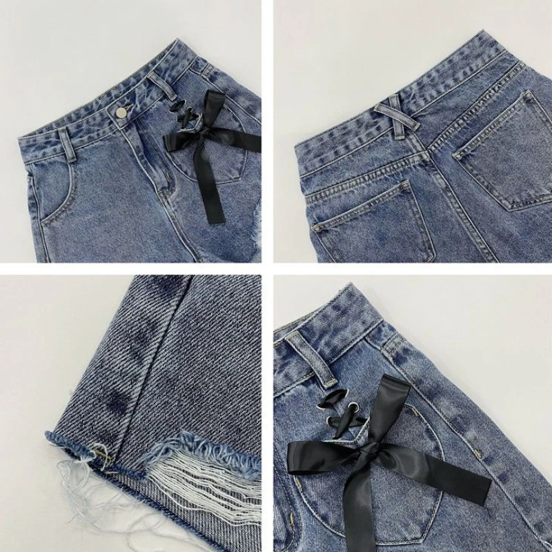 Pantaloncini di jeans Fiocco Fasciatura Foro All-match Trendy Casual Quotidiano Vita alta Stile coreano Vestibilità ampia A-line Lavato Streetwear Estate