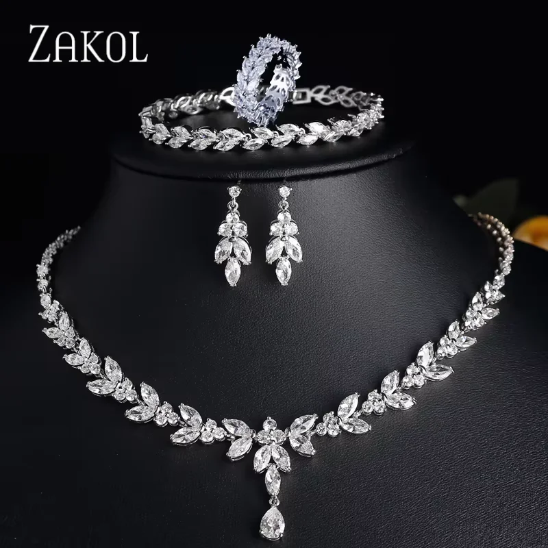ZAKOL Luxury Brilliant cyrkon liść naszyjnik kolczyki pierścionki zestaw bransoletek dla kobiet CZ Drop zestawy biżuterii ślubnej dla nowożeńców nowość