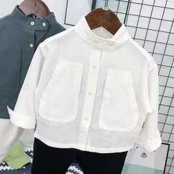 Children's Wear Boys Shirts Long Sleeve Spring Autumn Children Solid Casual Kids Shirt 2-10 Ages Pockets White Baby Blouses