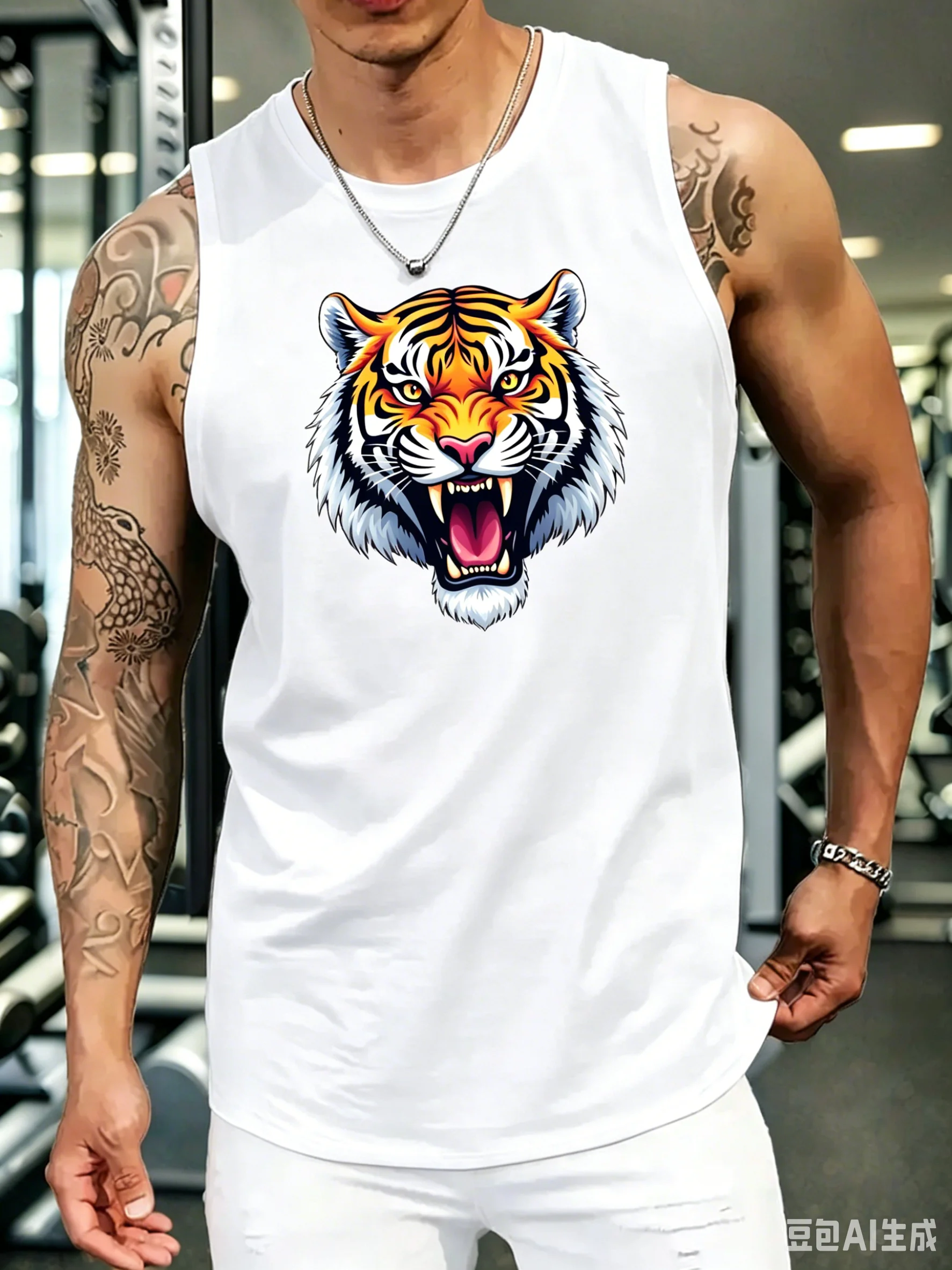 Men's Realistic Roaring Tiger Head Pattern Vest, Summer Casual Round Neck Sleeveless Vest, Breathable Polyester, Comfortable Fit