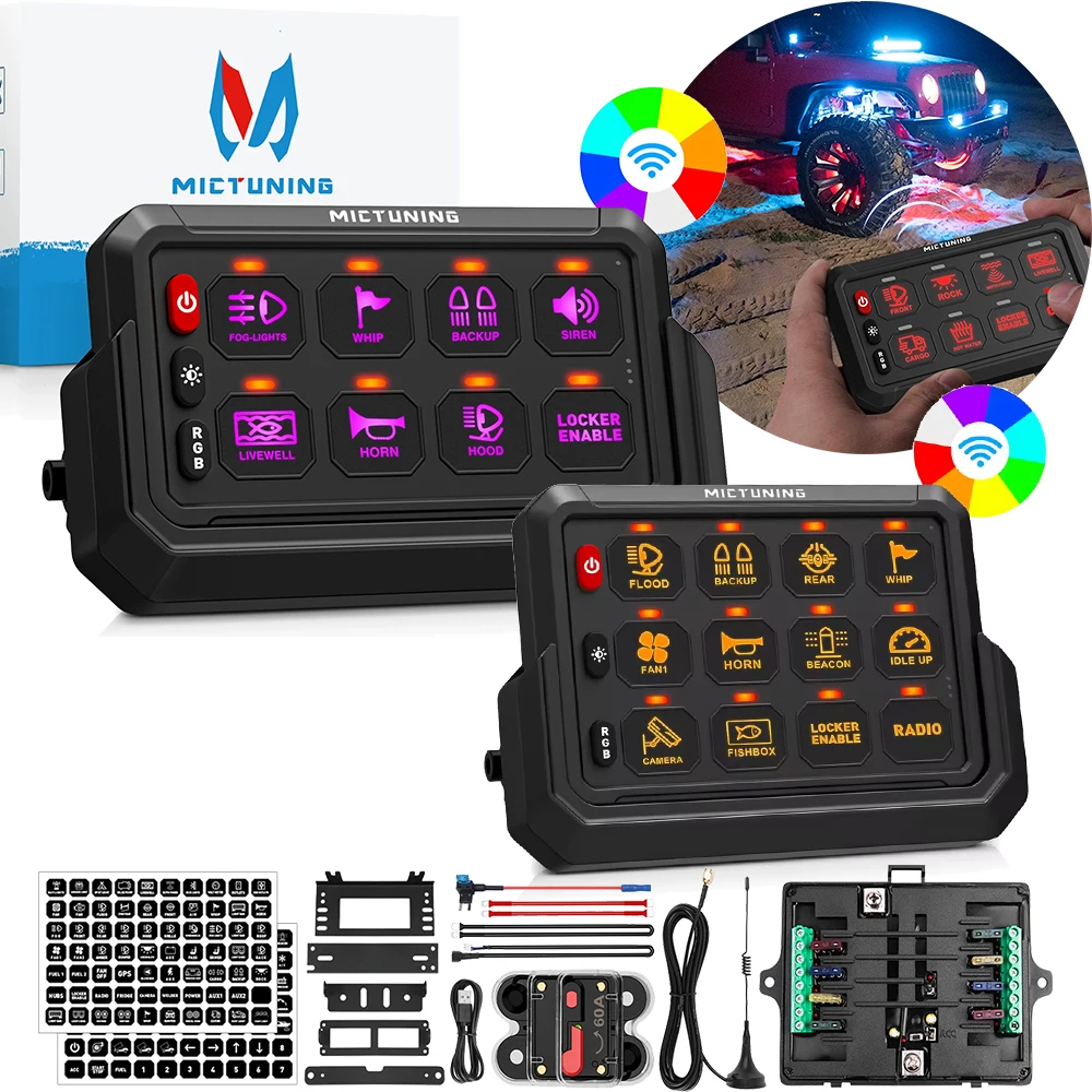 

Панель переключателей MICTUNING RGB 8/12 Gang, беспроводной режим, регулируемая цветная яркость RGB для грузовика, внедорожника, UTV, внедорожника, 12-24 В