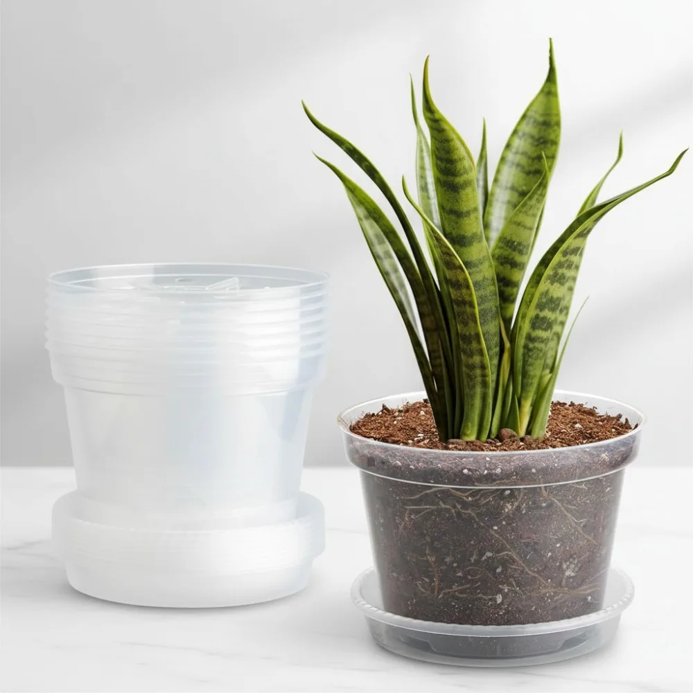 

7 Pack 8 Inch Clear Plant Pots with Saucers, Transparent Plastic Nursery Pots for Succulents Herbs Vegetables Gardening