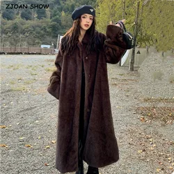 CHIC-Manteau en fausse fourrure de vison à revers marron vintage pour femme, manches longues, veste maxi longue, manteau chaud sous le genou, hiver