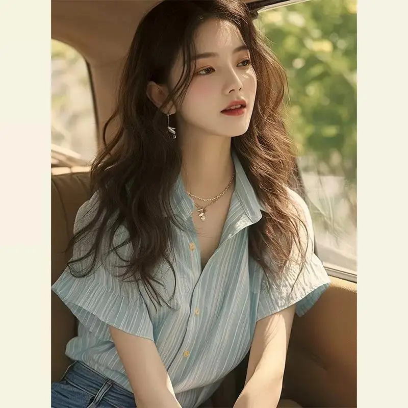 

French Style High-End Blue Striped Short Sleeve Shirt Trendy Beautiful Unique Delicate Top Women's Summer Wear