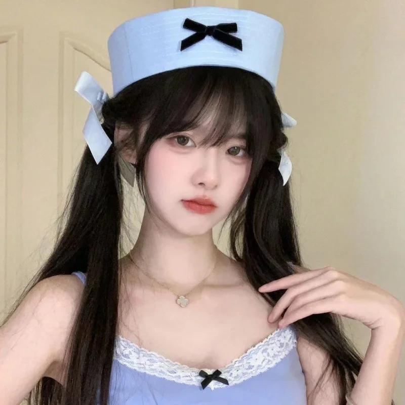 ファッション大人用フレンチハットレザークラシックスラウチーベーカーボウブルーセーラーネイビーキャップスウィーフレア多用途ベレー帽女性用サマー8M21