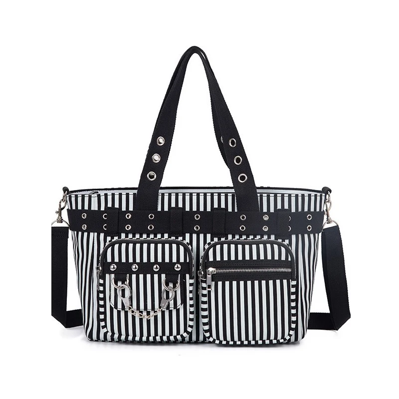 

SHELKSBAG женская сумка-трансформер с ремнем Sweet Revenge, черно-белая полосатая холщовая сумка-тоут в стиле панк-готический стиль с наручниками