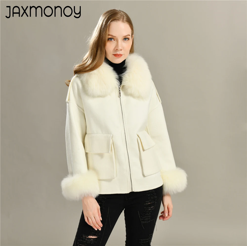 Jaxmonoy Women's Wool Coat With Real Fox Fur Collar Ladies Fashion Cashmere Coat Solid Color Full Sleeve Jacket Autumn New Style