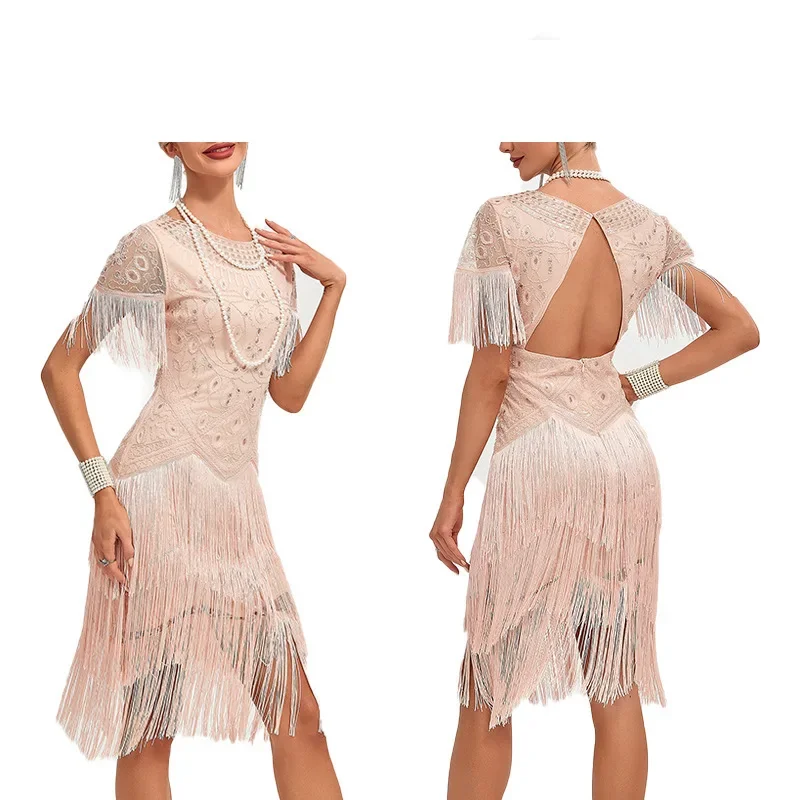 

High waist slim sequined fringed dress round neck gauze tube top party dress