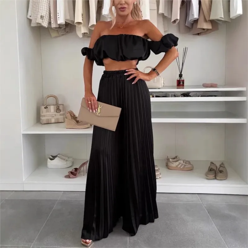 2025 الصيف المرأة مثير 2 قطعة مجموعة خارج الكتف أكمام المعتوه صديرية دائرية + بنطال ذو قصة أرجل واسعة مجموعة موضة حفلة بناطيل كاجوال الزي