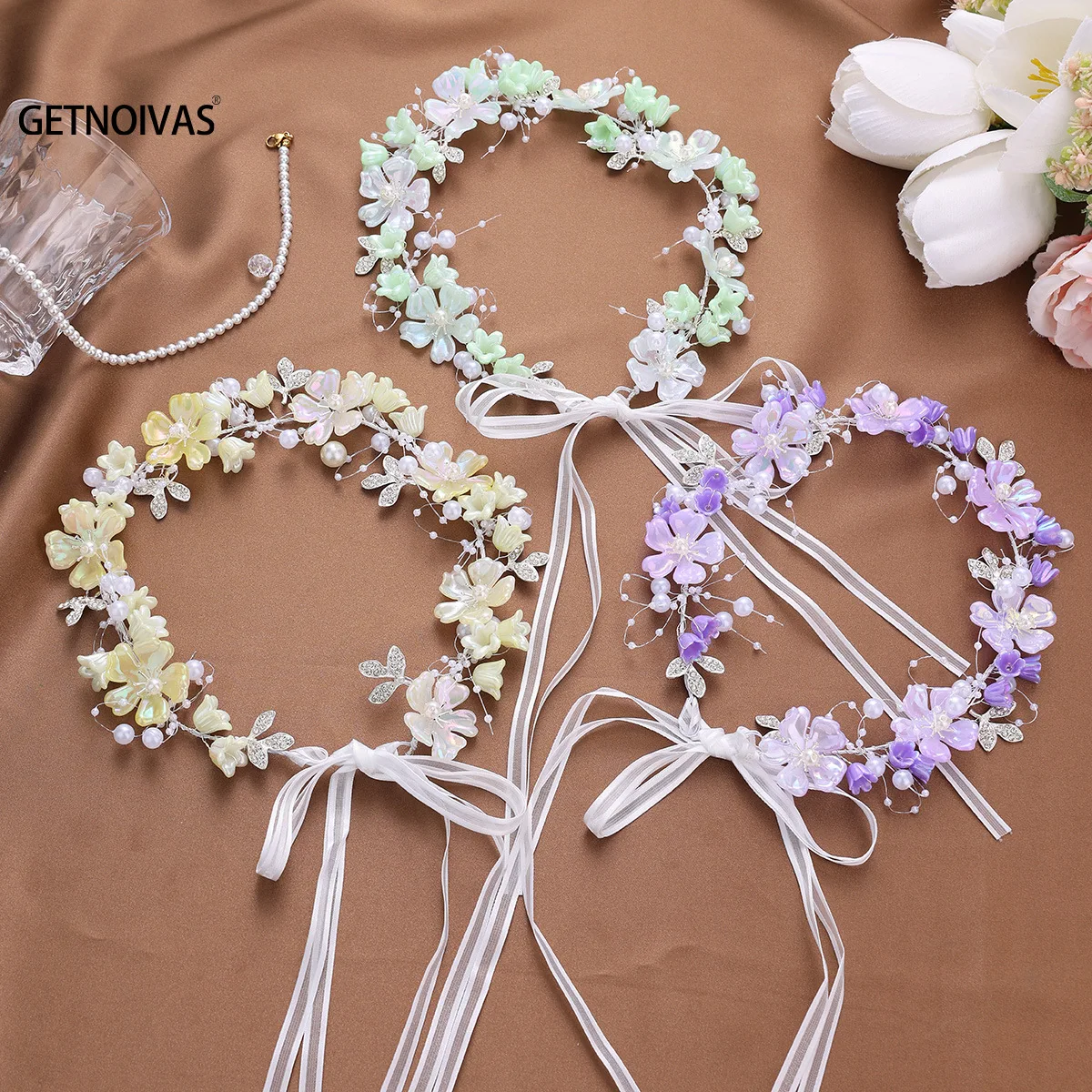 

Элегантная повязка на голову для девочек, головной убор с имитацией жемчуга, цветочный венок для девочек, гирлянда для невесты, обруч для головы, повязка для волос, свадебный подарок для детей