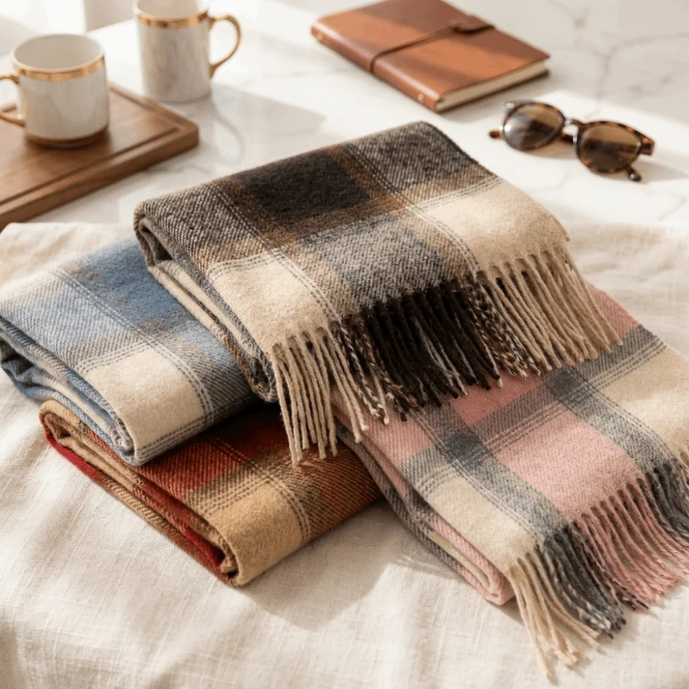 New Preppy Style Women's Winter Scarf Soft Long Preppy Plaid Scarf Tassel Fringe Cozy Checkered Shawl Winter Outfit