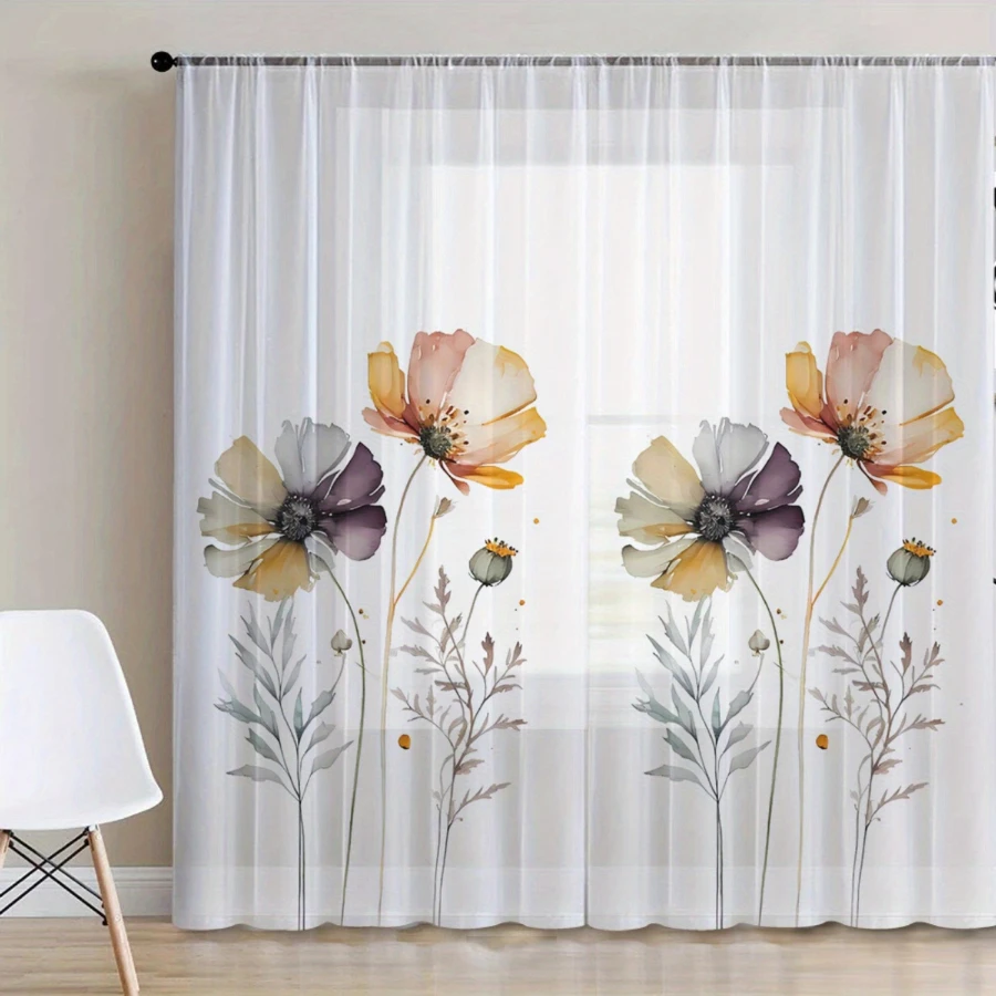 2PCS Digital Print Sheer Curtains, Lovely Four Poppy Flowers, Bold Floral Nature Garden Style for Bedroom Living Room Home Decor