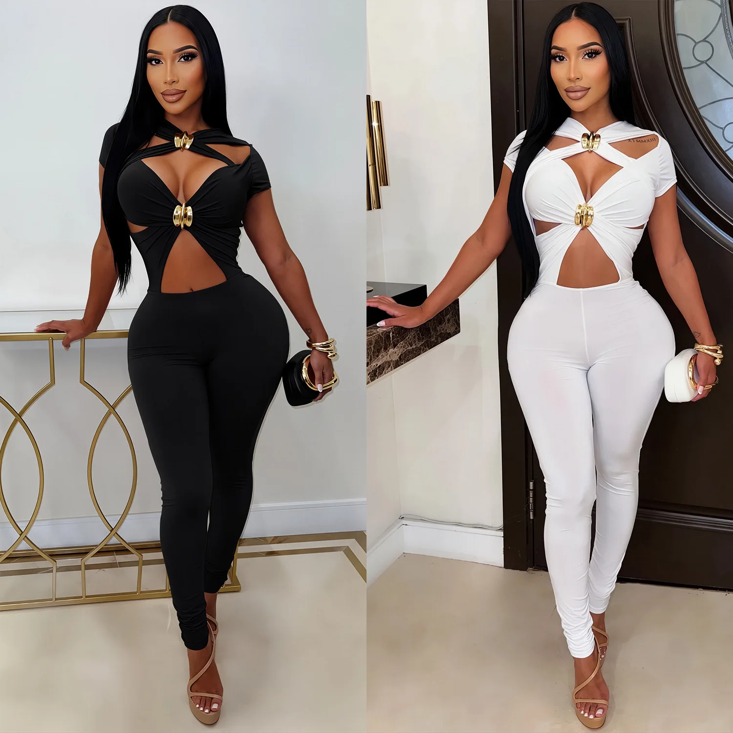 C78452026 New Women's Erotogenic Hollow-out Short-sleeved Slim-fit Body Jumpsuit Birthday Dress Midi Prom Elegant Femme