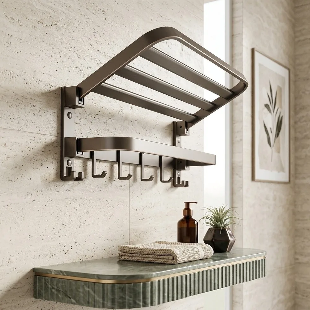 For Bathroom Foldable Towel Rack with Dual Bars - 40cm Gunmetal Gray Space-Saving Towel Shelf for Small For Bathrooms