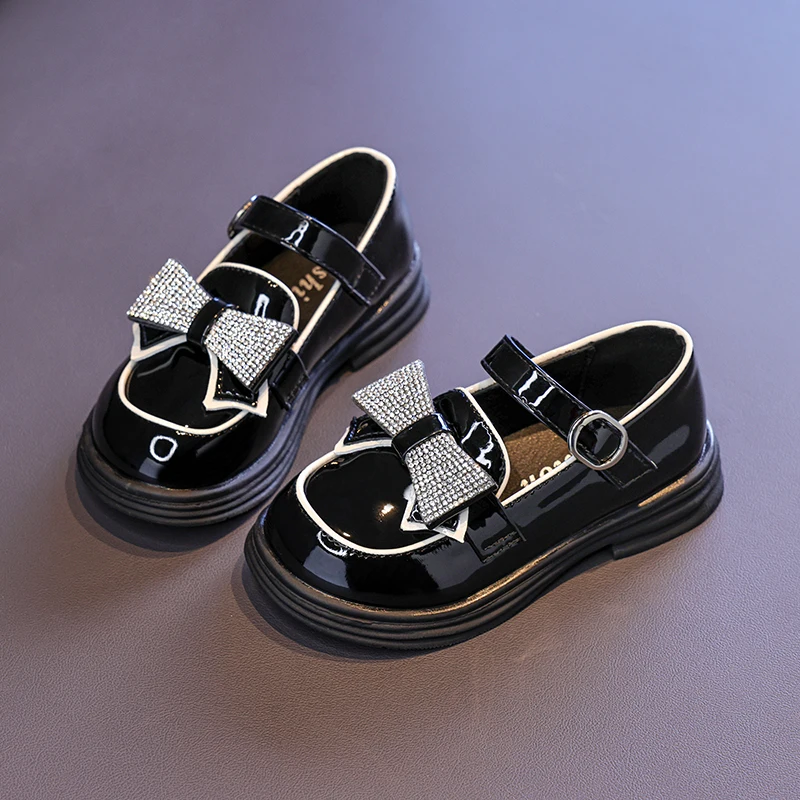 Little Girls Patent Mary Jane Shoes Rhinestone Bow Single Buckle Strap Multi Layer Thick Sole Soft Walking Dress Footwear