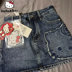 Sanrio Hello Kitty Gothic Design Mini Denim Skirt Women's Summer New High Waist Wrap Jean Skirt A-line Korean Y 2k Fashion Skirt