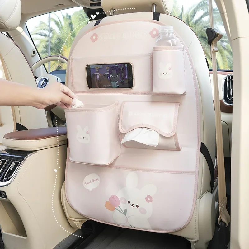 Cute Cartoon Car Seat Back Storage Bag Bear Bunny Multifunctional Car Back Seat Anti-Dirty Anti-Kick Storage Pad Car Accessories