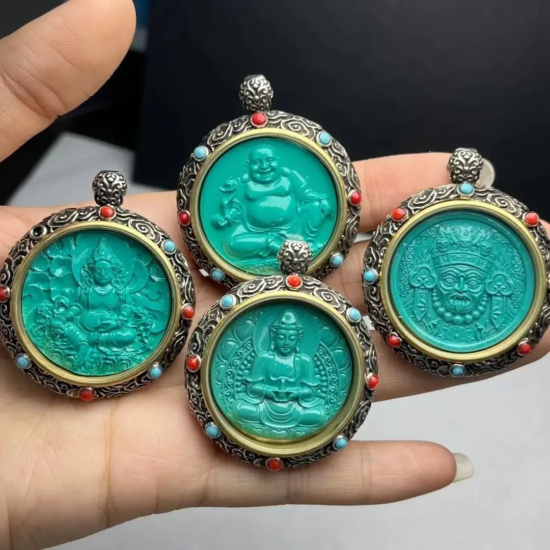 

Hand-inlaid Green pine Avalokitesvara pendant of eight patron saints of Chinese Tibetan Silver Miao Silver Tang Carver brand