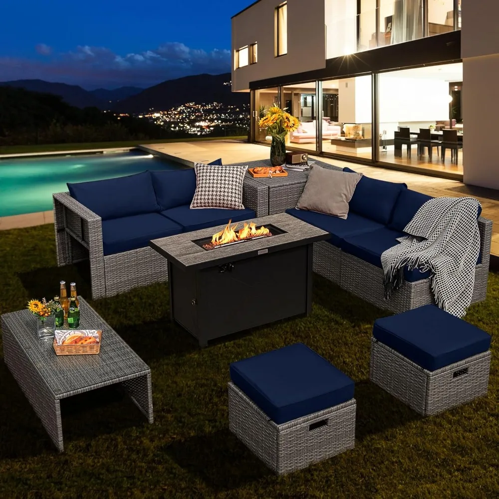 

9 PCS Patio Furniture Set with 42” 60,000 BTU Fire Pit, Outdoor Space-Saving Sectional Sofa Set, Wicker Patio Sofa Set